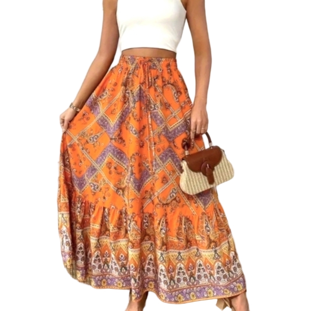 Maxi Skirt Orange Lightweight Flowy Vacay Skirts Vacation Outfit Bohemian Style